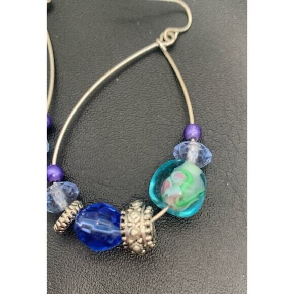 Silver Tone & Blue Beaded And Art Glass Beads Tear Drop Hoop Earrings Pierced - Picture 3 of 4